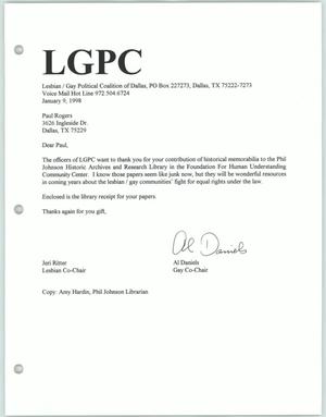 [Thank-you letter from the Lesbian Gay Political Coalition to Paul Rogers for a contribution]