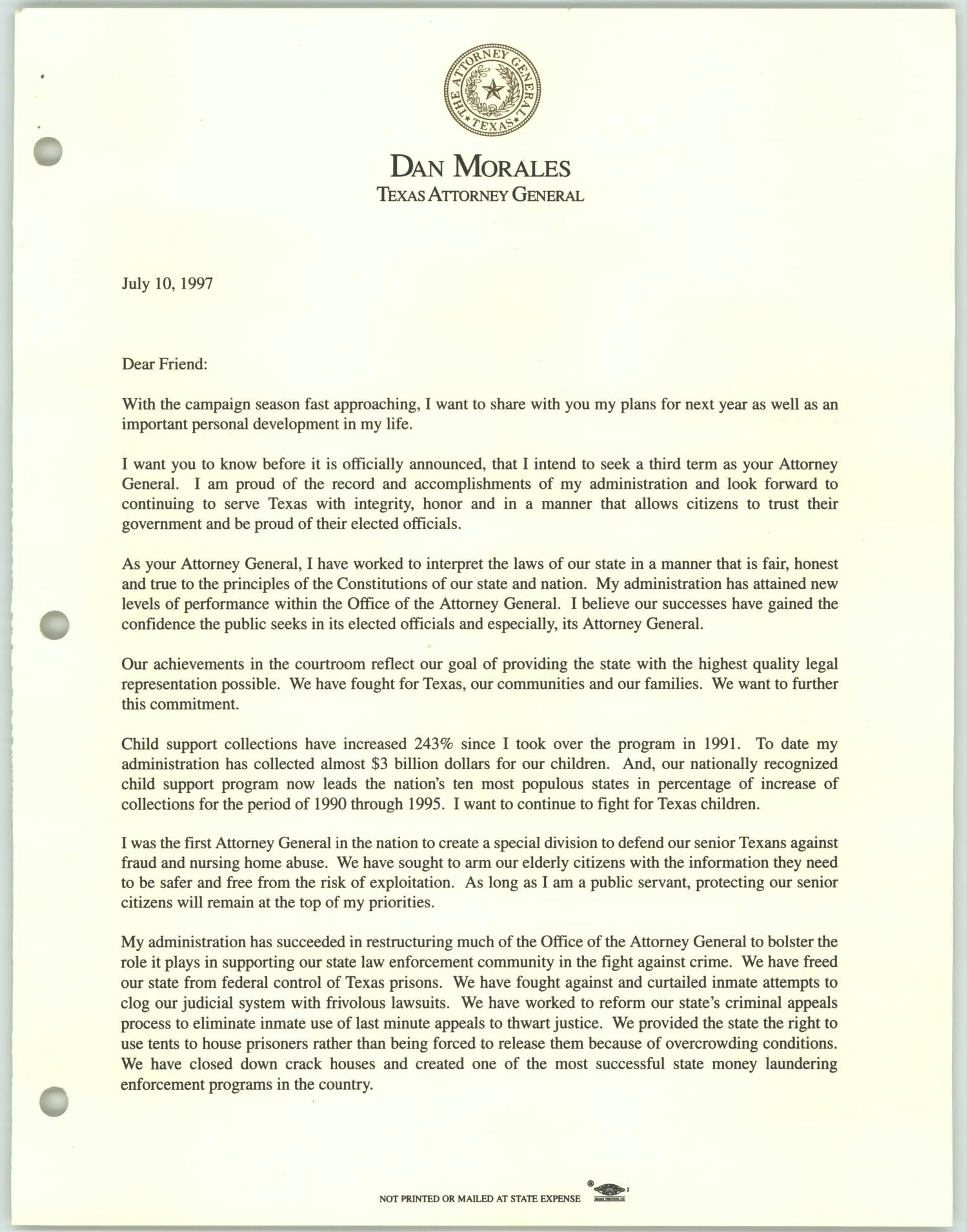 [Letter from Texas Attorney General Dan Morales to friend concerning his campaign for re-election and impending marriage]
                                                
                                                    [Sequence #]: 1 of 6
                                                
