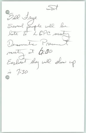 [Handwritten note to Bill Fry about a meeting of the Lesbian Gay Political Coalition]