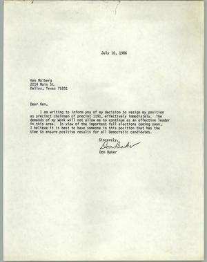 [Letter to Ken Molberg from Don Baker concerning his resignation as precinct chairman]