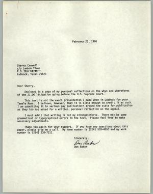 [Letter from Don Baker to Sherry Crowell c/o Lambda Times]