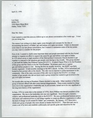 [Letter from Don Baker to Lyn Ganz of KERA about documentary on the Dallas gay community]