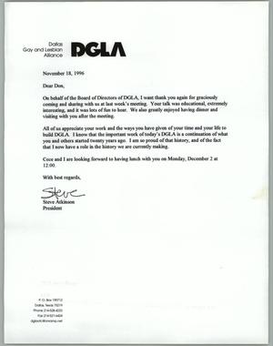 [Letter to Don Baker from Steve Atkinson of the Dallas Gay and Lesbian Alliance thanking him for an appearance]