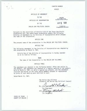 Primary view of object titled '[Articles of amendment to the articles of incorporation of the Dallas Gay Political Caucus]'.