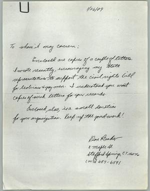 [Handwritten letter from Don Baker regarding letters to state representatives for gay rights]