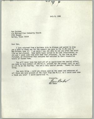[Letter from Don Baker to Don Eastman thanking Eastman for support]