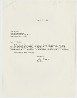 [Letter from Don Baker to Seth Kantor c/o Cox Newspapers]