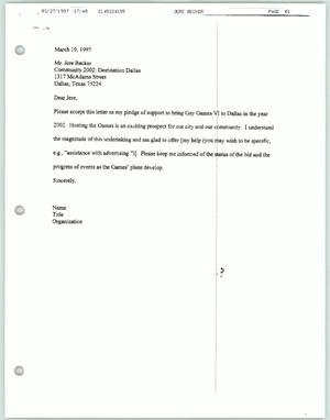 [Letter template and organizational agenda for the bid to host Gay Games in Dallas in 2002]