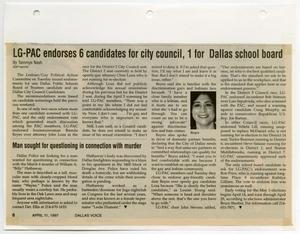 Primary view of object titled '[Clipping: LG-PAC endorses 6 candidates for city council, 1 for Dallas school board]'.