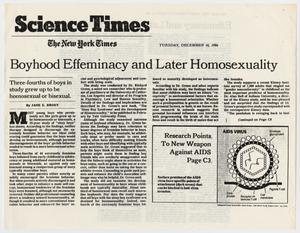 [New York Times clipping: Boyhood Effeminacy and Later Homosexuality]