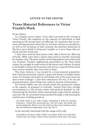 Letter to the Editor: Trans-Material References in Victor Frankl