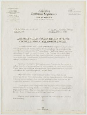 Primary view of object titled '[Press Release: Assembly woman Migden praises Supreme Court's Historic Amendment 2 ruling]'.