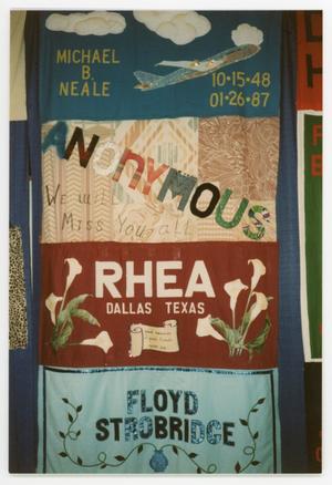 [Quilt Section with Dedications to Michael B. Neale, Floyd Strobridge, Rhea, and Anonymous]