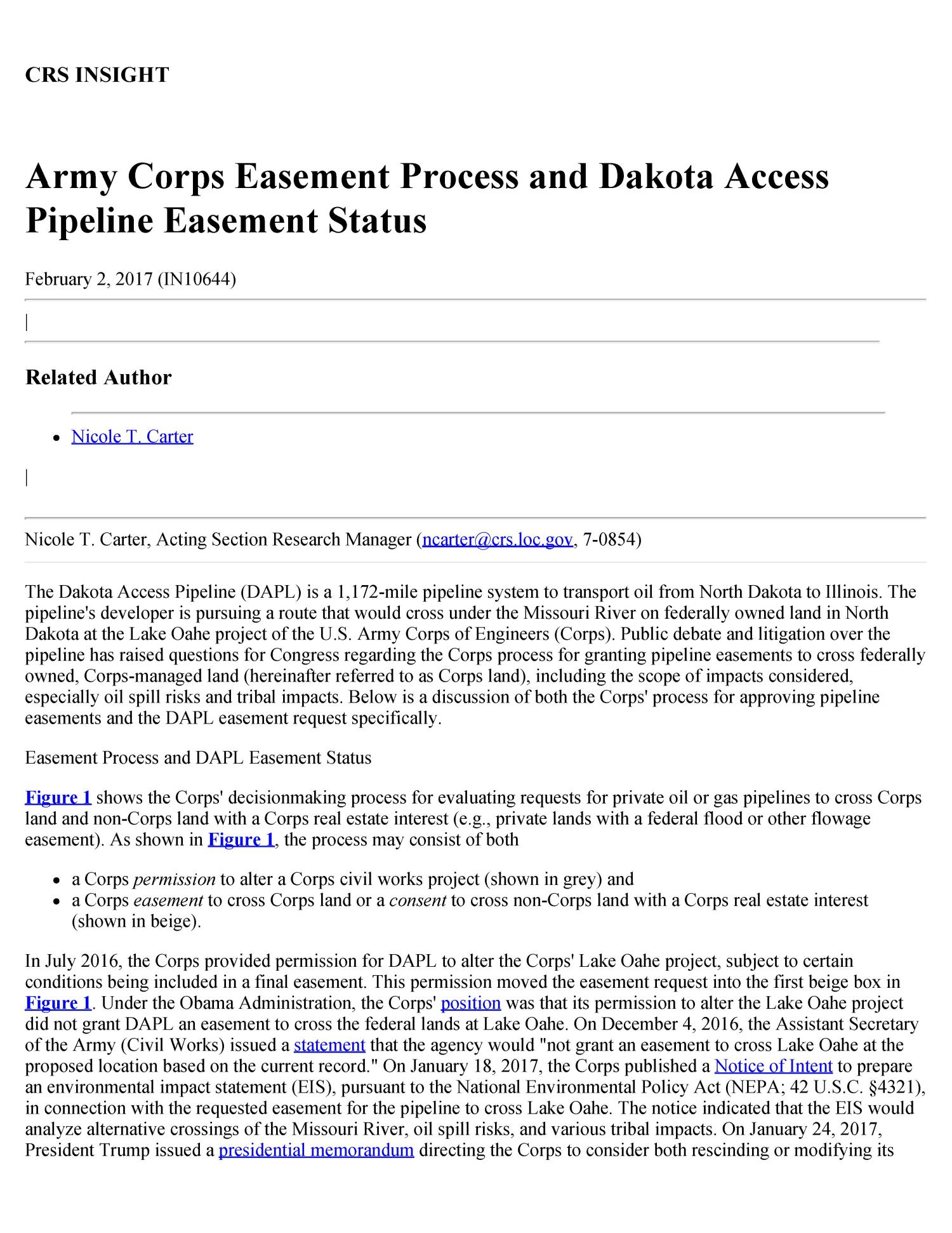 Army Corps Easement Process and Dakota Access Pipeline Easement Status
                                                
                                                    [Sequence #]: 1 of 3
                                                