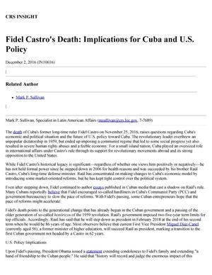 Fidel Castro's Death: Implications for Cuba and U.S. Policy