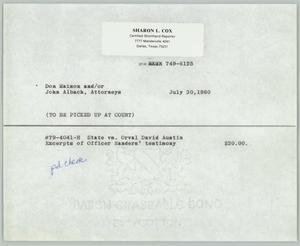 Primary view of object titled '[Receipt: State v. Orval David Austin]'.