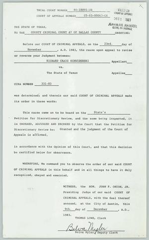 Primary view of object titled '[Appeals confirmation for Richard Craig Schwiderski vs. The State of Texas]'.