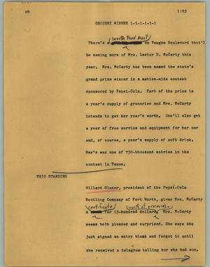 Primary view of object titled '[News Script: Grocery winner]'.