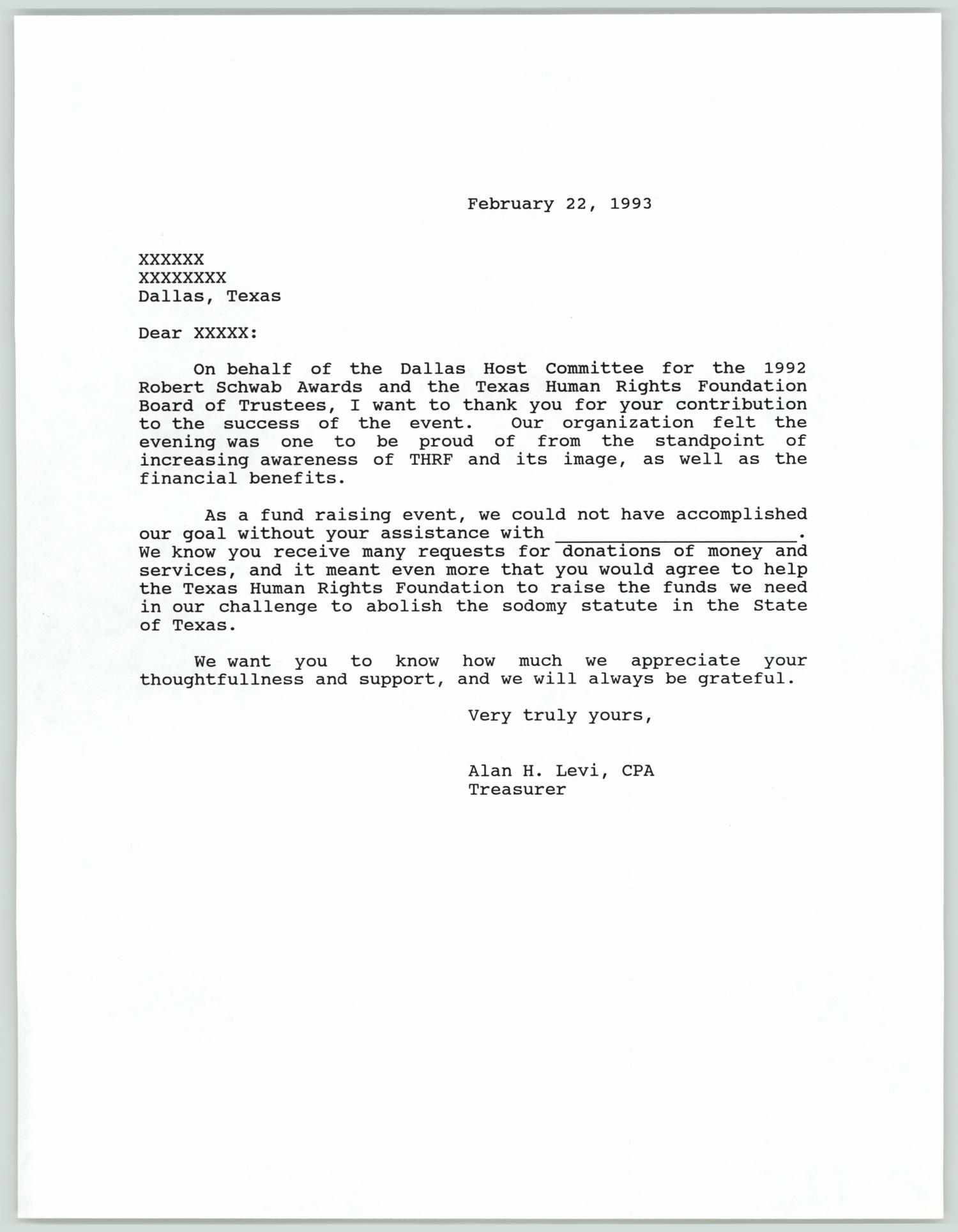 Letter template for donations to the Texas Human Rights Foundation] - UNT  Digital Library