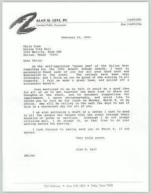 Primary view of object titled '[Letter from Alan Levi to Chris Luna regarding his participation in the Robert Schwab Awards]'.