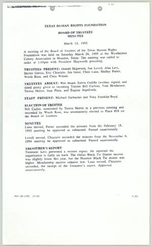 Primary view of object titled 'Texas Human Rights Foundation Board of Trustees Minutes March 12, 1995'.