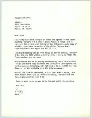 Primary view of object titled '[Letter to Alan Levi from Suzy Wagers about an agenda for a board of directors meeting]'.