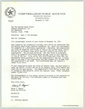 [Letter from Harry F. Rogers to Gary J. Von Ooteghem about tax exemption status]