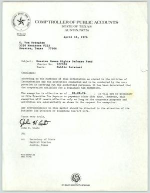 Primary view of object titled '[Information on tax exemption for the Houston Human Rights Defense Foundation]'.
