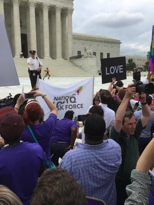 [Running of the Interns at the U.S. Supreme Court on Marriage Equality Day, Lauren Langille in the lead]