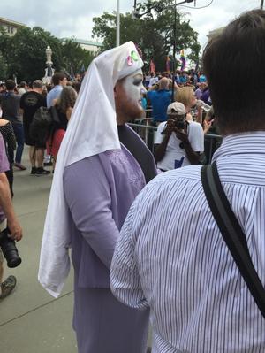 [A sister of Perpetual Indulgence taken at the U.S. Supreme Court on Marriage Equality Day]