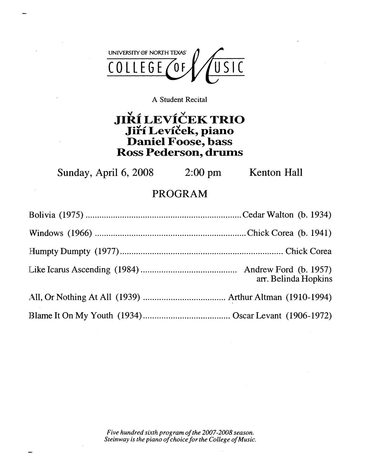 College of Music program book 2007-2008 Student Performances Vol. 2
                                                
                                                    131
                                                