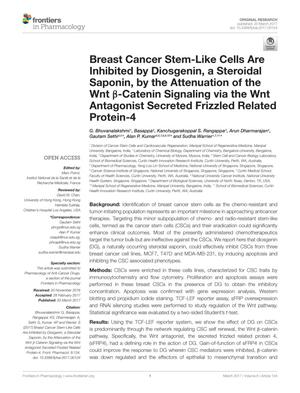 Breast Cancer Stem-Like Cells Are Inhibited by Diosgenin, a Steroidal Saponin, by the Attenuation of the Wnt β-Catenin Signaling via the Wnt Antagonist Secreted Frizzled Related Protein-4
