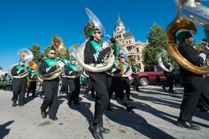 [North Texas marching band in front of the Denton courthouse]