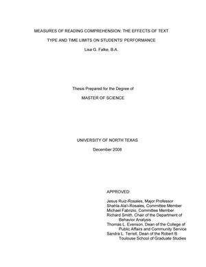 Primary view of object titled 'Measures of reading comprehension: The effects of text type and time limits on students' performance.'.