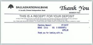 [Dallas National Bank Deposit Receipt and Summary]