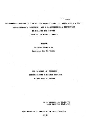 Government Spending, California's Proposition 13 (1978)and 9 (1980), Congressional Proposals, and a Constitutional Convention To Balance The Budget Issue Brief Number IB78059