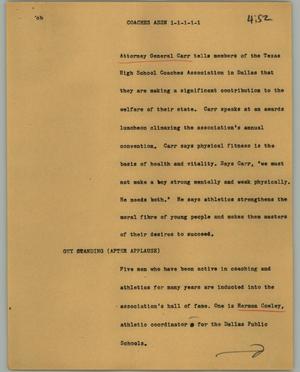 Primary view of object titled '[News Script: Coaches assn]'.