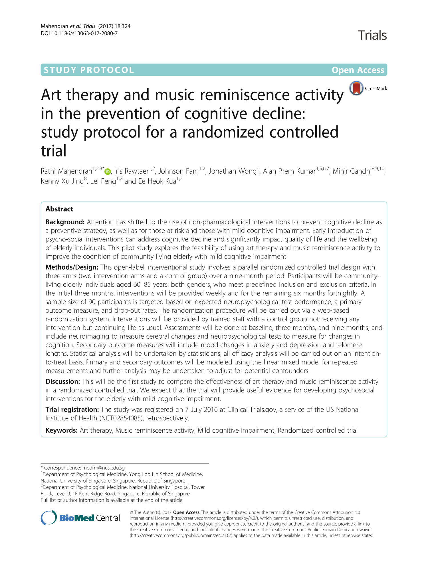 Art therapy and music reminiscence activity in the prevention of cognitive decline: study protocol for a randomized controlled trial
                                                
                                                    1
                                                
