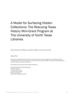Primary view of object titled 'A Model for Surfacing Hidden Collections: The Rescuing Texas History Mini-Grant Program at The University of North Texas Libraries'.