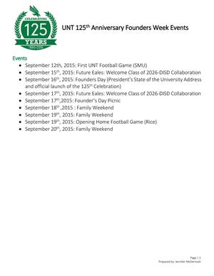 Primary view of object titled 'UNT 125th Anniversary Founders Week Events'.