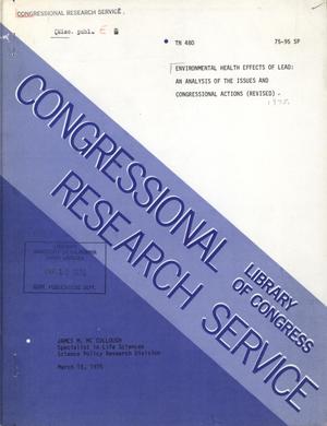Environmental Health Effects of Lead: An analysis of the issues and Congressional Actions. 1975