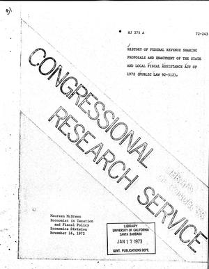 History of Federal Revenue Sharing Proposals and Enactment of the State and Local Fiscal Assistance Act of 1972 (P. L. 92-512)