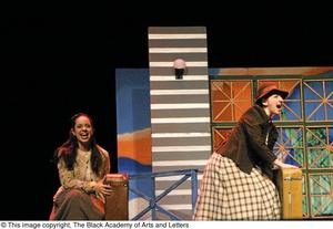 [Actresses dressed as immigrants with suitcase]
