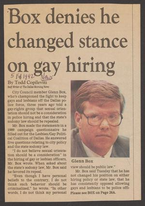 [Clipping: Box denies he changed stance on gay hiring]