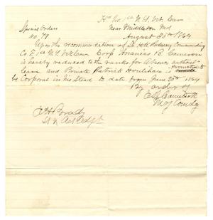 [Letter from E. D. Comstock Special Order, August 30, 1864]