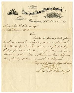 Primary view of object titled '[Letter from New York State Military Agency, October 22, 1867]'.