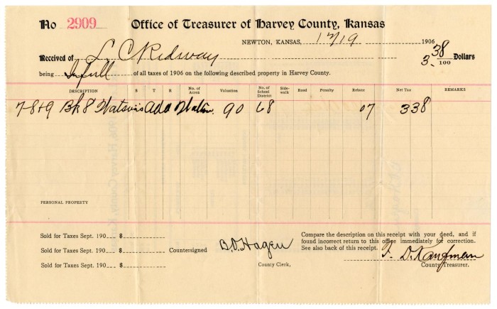 1906 Tax Receipt for Fleming County Kentucky for D. A. Skeens, Total Tax One  Dollar and Five Cents Free Shipping 