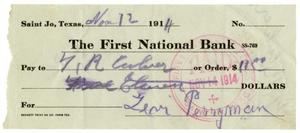 [Check from Levi Perryman to T.R. Culver, November 12, 1914]