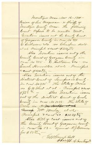Primary view of object titled '[Receipts of Levi Perryman, November 16, 1880]'.