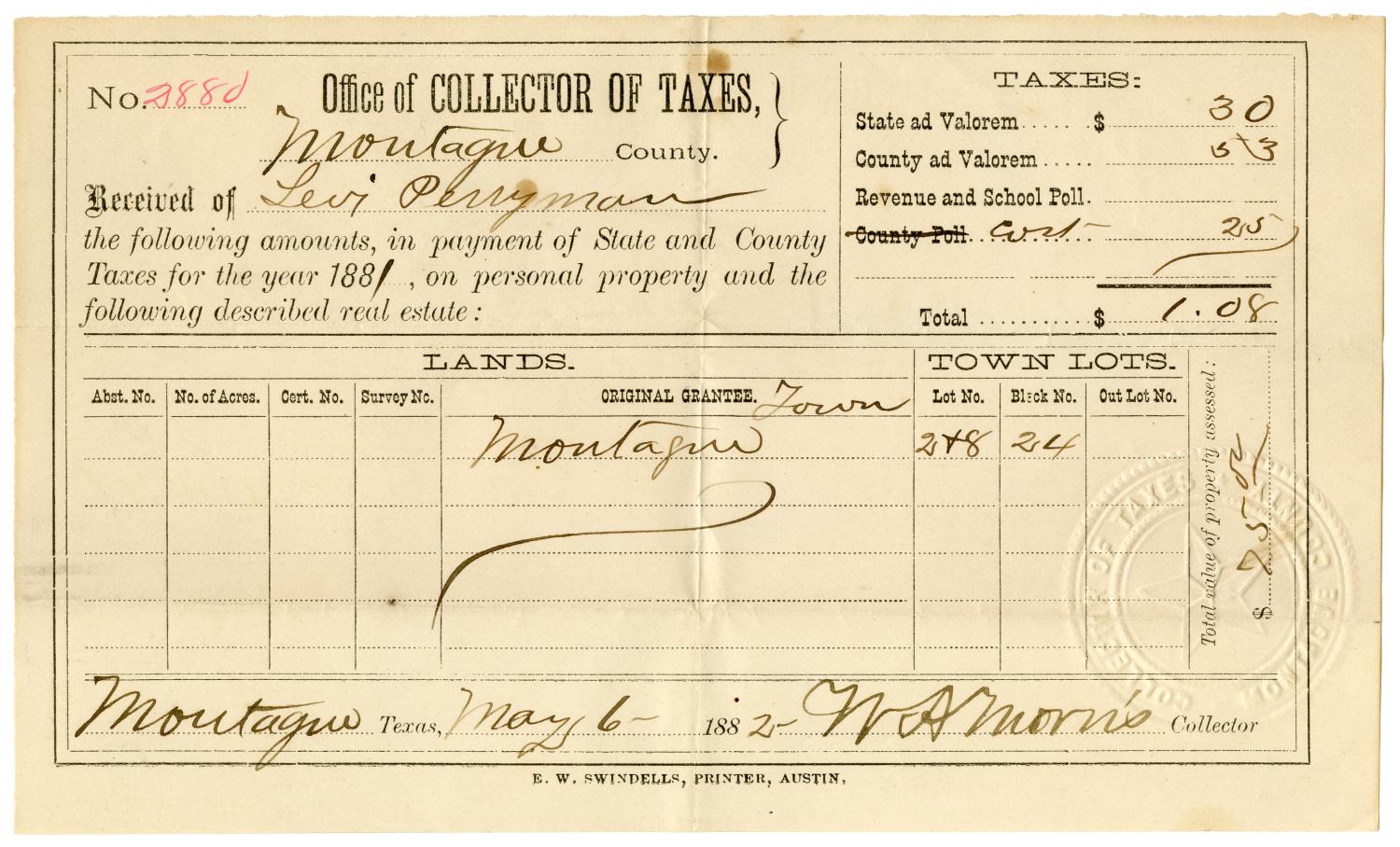 [Receipt for taxes paid, May 6, 1882]
                                                
                                                    [Sequence #]: 1 of 2
                                                